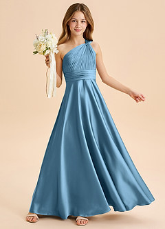 Azazie Charlize Junior Jurk van Stretch Satijn met A-Lijn Geplooid Staal Blauw image1