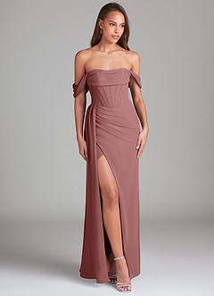 Azazie Amyra Robes de demoiselle d'honneur Robe Fourreau Convertible en Mousseline de soie Épaule décolletée Rose Du Désert image4