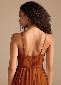 Azazie Alia At-home Try On Dresses Auburn A-Line Pleated Metallic Satin Dress image6
