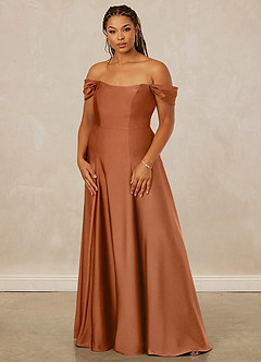 Christian Siriano Bridal for Azazie 1002 Robes de demoiselle d'honneur Robe Trapèze Convertible en Satin extensible Épaule décolletée Cuivre image11
