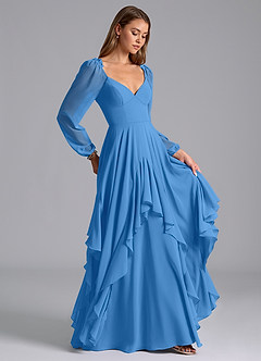 Azazie Karan Bridesmaid Dresses Blue Jay A-Line Long Sleeve Chiffon Dress image4