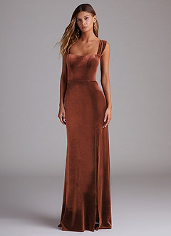Azazie Junia Robes de demoiselle d'honneur Robe Fourreau Convertible en velours Épaule décolletée Terracotta image1