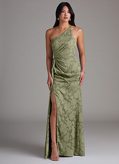 Azazie Mika Bridesmaid Dresses Pistachio Sheath One Shoulder Floral Burnout Dress image3