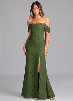 Azazie Saige Bridesmaid Dresses Olive A-Line Off the Shoulder Floral Burnout Convertible Dress image1