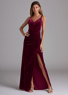 Azazie Leo Bridesmaid Dresses Cabernet Sheath Pleated Velvet Dress image3