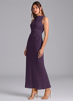 Azazie Evadne 신부 들러리 드레스 쉬스 주름진 쉬폰 발목 길이 드레스 image1