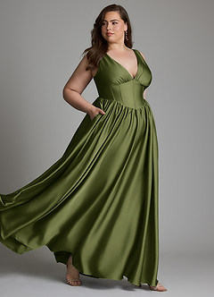 Azazie Delmie Vestidos de damas de honor Vestido Oliva de Satén Elástico de Línea A con Corsé image10