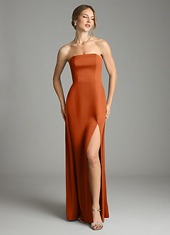 Azazie Wren Vestidos de damas de honor Vestido de Naranja Quemada de Satén Elástico de Corte en A Convertible con Sin tirantes image2