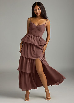 Azazie Kaiden Vestidos de madrinha de casamento Vestido Café Expresso de Chiffon de Linha A com Decote em coração image5