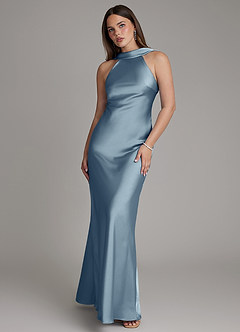 Azazie Dimitra Bridesmaid Dresses Dusty Blue A-Line Pleated Stretch Satin Dress image1