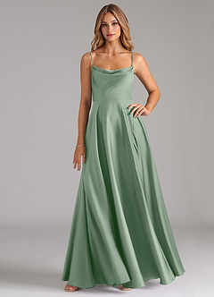 Azazie Elle Bridesmaid Dresses Agave A-Line Pleated Stretch Satin Dress image1