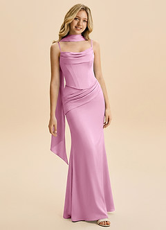 Azazie Sorrel Junior Candy Pink Mermaid Ruched Stretch Satin Dress image1