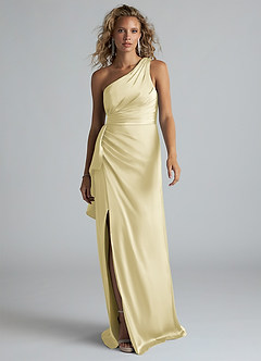 Azazie Maive Final Sale Lemon Sorbet Sheath Ruched Stretch Satin Dress image1