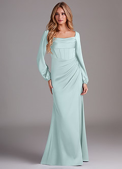 Azazie Charissa Bridesmaid Dresses Sea Glass Sheath Long Sleeve Stretch Satin Dress image3