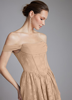 Azazie Raisa Bridesmaid Dresses Champagne A-Line Off the Shoulder Floral Burnout Dress image5