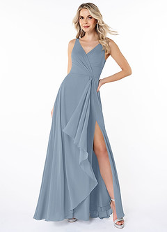 Azazie Calvi Bridesmaid Dresses Dusty Blue A-Line Ruched Chiffon Dress image4