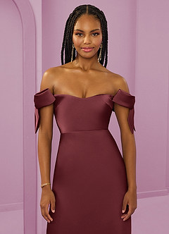 Barbie ♥ Azazie Bridesmaid Dresses Merlot Sheath Off the Shoulder Stretch Satin Convertible Dress image11