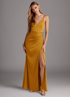 Azazie Shania Bridesmaid Dresses Butterscotch Sheath V-Neck Pleated Stretch Satin Dress image1