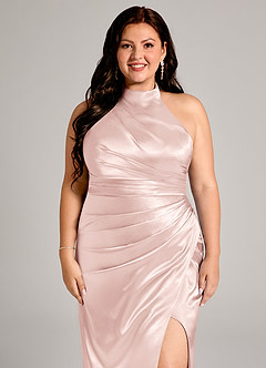 Azazie Jemma Abiti da Damigella Abito Tubino in Raso Metallizzato Plissettato Rosa Rossore image12