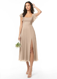 Azazie Bondi Bridesmaid Dresses Taupe A-Line Ruched Chiffon Dress image1