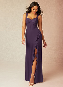Azazie Camellia Bridesmaid Dresses Plum Sheath Lace Chiffon Dress image1
