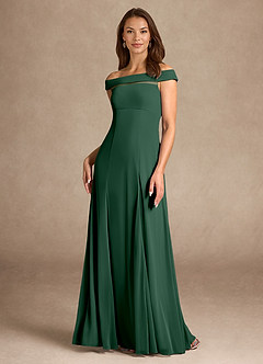 Azazie Ewa Mother of the Bride Dresses Dark Green A-Line Off the Shoulder Mesh Dress image1