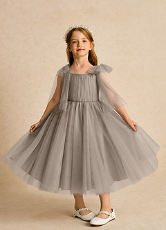 Azazie Dori Robe Demoiselle D'honneur Fillette Robe Trapèze en Tulle Rayé Taupe image6