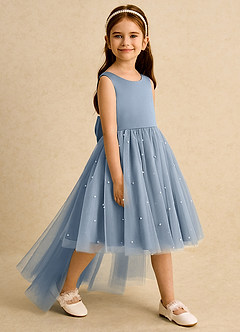 Azazie Bell Jurken voor bloemenmeisjes Baljurk Jurk van Tule Boog Stoffig Blauw image2