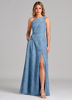 Azazie Phaedra 신부 들러리 드레스 A라인 한쪽 어깨 플로럴 번아웃 바닥 길이 드레스 image1