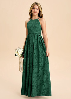 Azazie Arianthe Junior Vestido de Verde Oscuro de Devorado Floral de Corte en A con Plisado image6