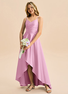 Azazie Eirlys Junior Vestido Rosa Caramelo de Satén Elástico de Corte en A con Plisado image4