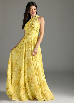 Azazie Charlize Vestidos de madrinha de casamento Vestido Sorvete De Limão Floresce Floral de Chiffon de Linha A com Ombro Único image3