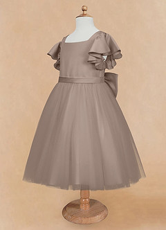 Azazie Kaeya Flower Girl Dresses Taupe A-Line Bow Tulle Dress image7