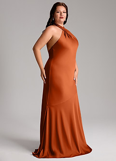 Azazie Lorena Bridesmaid Dresses Burnt Orange Mermaid Pleated Stretch Satin Dress image11