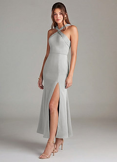 Azazie Rue Brautjungfernkleider Meerjungfrau-Linie Plissee Stretch-Satin Kleid Silber image4