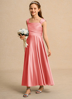 Azazie Bundle Junior Formal Flower Girl Dresses Coral A-Line Pleated Matte Satin Dress image5