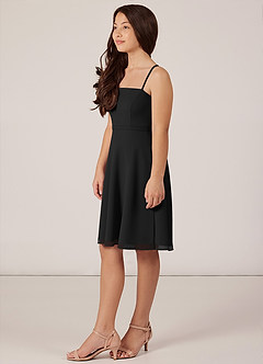 Azazie Kalie Junior Black A-Line with Belt Chiffon Dress image3