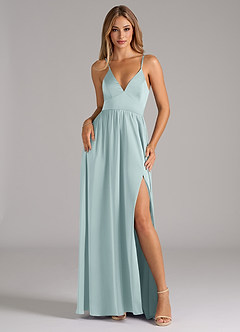 Azazie Aaida Bridesmaid Dresses Mist A-Line Corset Stretch Satin Dress image1