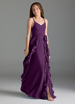 Azazie Peyton Junior Grape A-Line V-Neck Cascading Ruffles Chiffon Dress image3