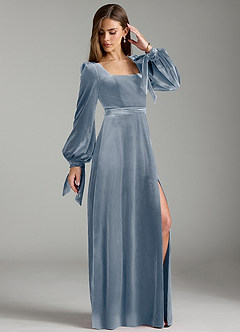 Azazie Leonia Bridesmaid Dresses Dusty Blue A-Line Long Sleeve Velvet Dress image4