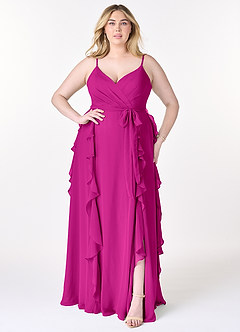 Azazie Peyton Brautjungfernkleider A-Linie Gestreift Chiffon Kleid Fuchsia image7