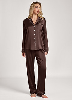 front 새틴 루렉스 트리밍 긴팔 잠옷 세트