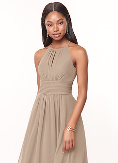 Azazie Bonnie Brautjungfernkleider A-Linie Schlüsselloch Gerüscht Chiffon Kleid Taupe image5