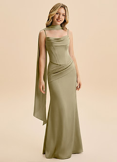 Azazie Sorrel Junior Moss Green Mermaid Ruched Stretch Satin Dress image5