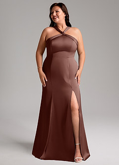 Azazie Rue Bridesmaid Dresses Espresso A-Line Pleated Stretch Satin Dress image10