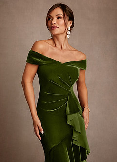 Azazie Billings 신부의 어머니 드레스 인어 오프 더 숄더 벨벳 비대칭 드레스 image7