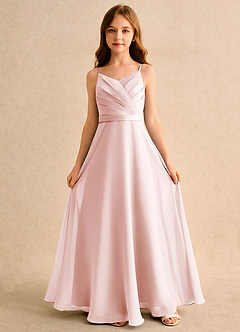 Azazie Umina Girls Formal Flower Girl Dresses Blushing Pink A-Line Pleated Matte Satin Dress image4