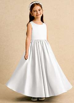 Azazie Nellia Blumenmädchenkleider A-Linie Schleifen Matte Satin Kleid Weiß image4