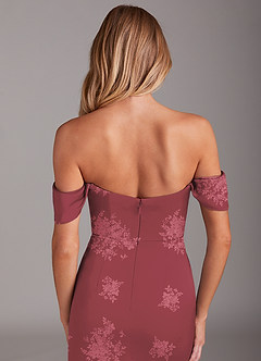 Azazie Saige Bridesmaid Dresses Burgundy Floral Bouquet Sheath Off the Shoulder Stretch Satin Dress image9