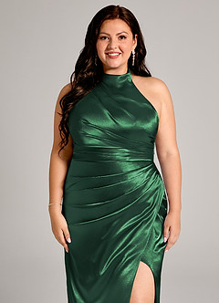 Azazie Jemma Bridesmaid Dresses Dark Green Sheath Pleated Metallic Satin Dress image12